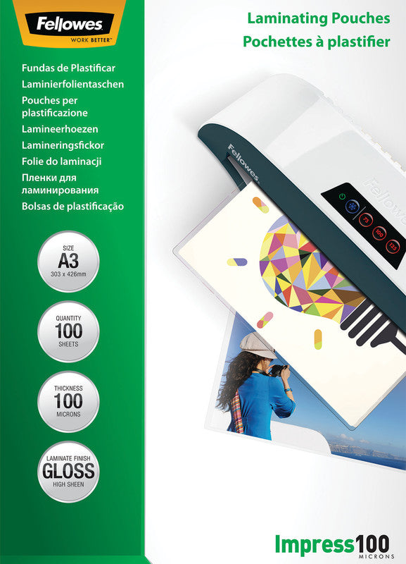 Fellowes Laminierfolien A3 glänzend – 100 µm, 303 × 426 mm, 100 Stk.