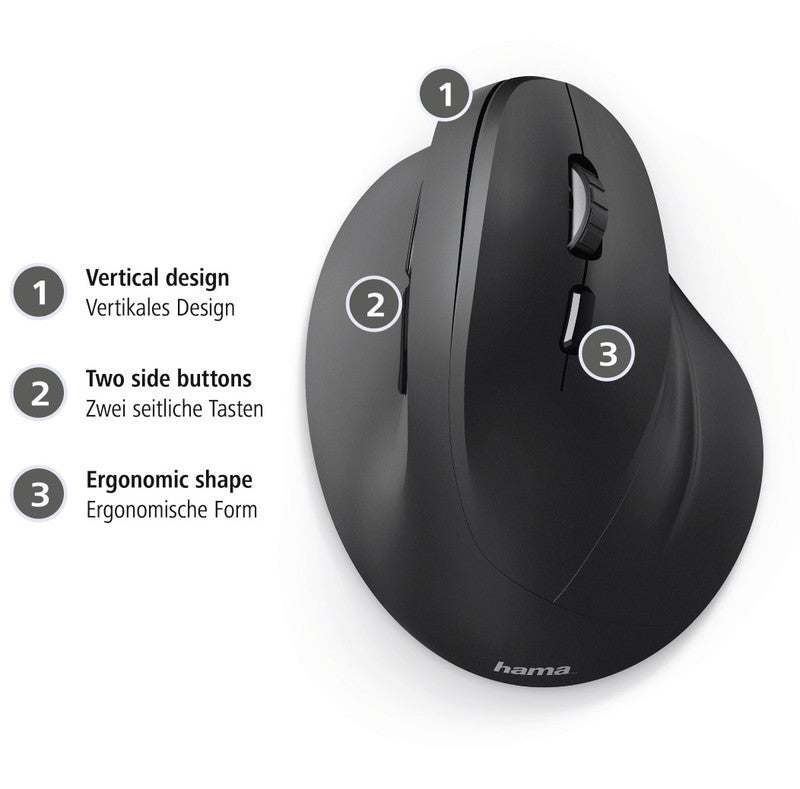 Hama EMW-500 Ergonomische Maus – kabellos, USB-A, 6 Tasten, für Rechtshänder, vertikal, schwarz