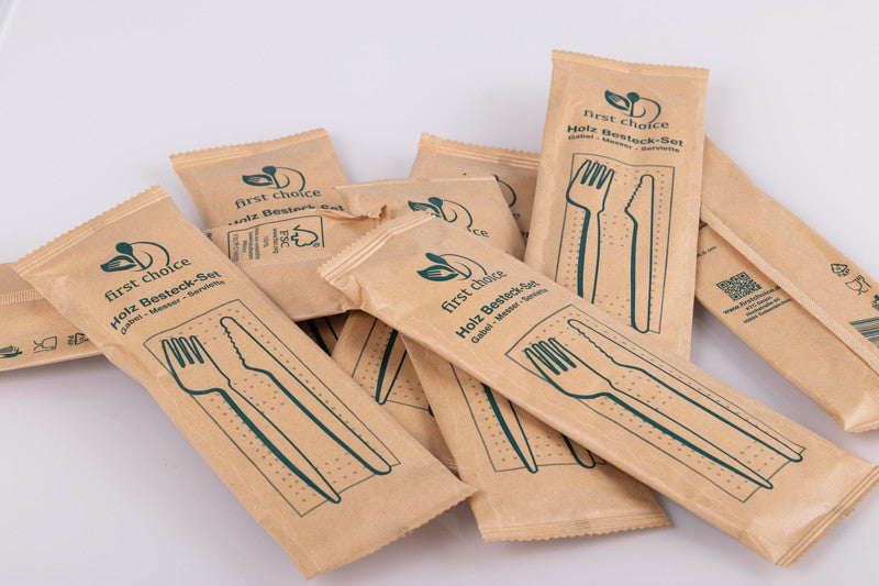 First choice ELCO Besteck-Set Holz – Messer, Gabel, Serviette, 16,5 cm, Braun, 50 Stück