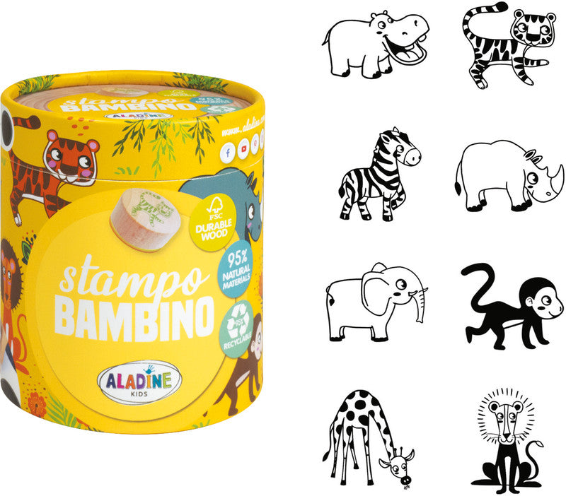 Aladine kids Aladine – Bambino Motivstempel-Set – Safari, 8 Motive, Ø 40 mm, Schwarzes Stempelkissen