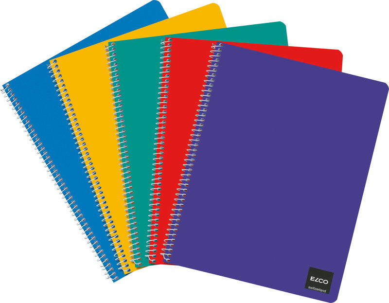 Elco Spiralheft A4, kariert, Spiralbindung, 50 Blatt, 70 g/m² – sortiert (blau, grün, gelb, rot, violett)