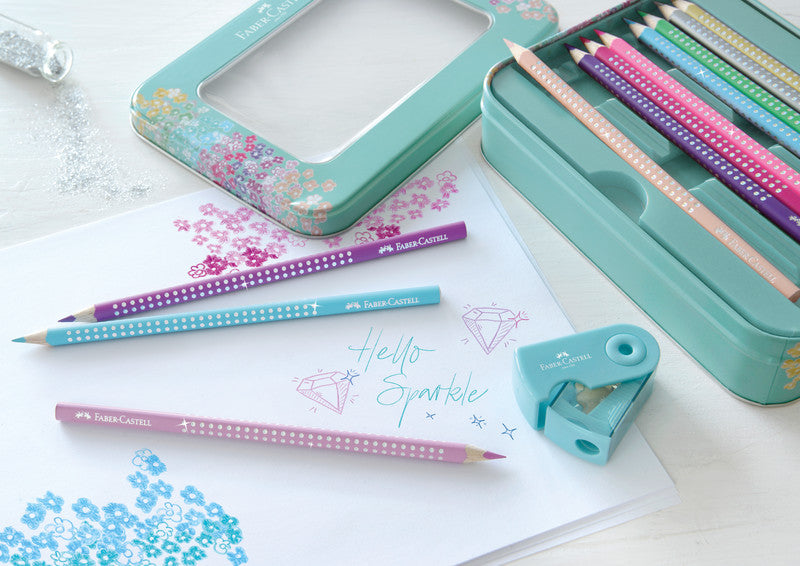 Faber-Castell Aquarellfarbstifte Grip Sparkle – 20 Farben, im Metalletui, mit Spitzer, Ø 3 mm, dreikantig, FSC