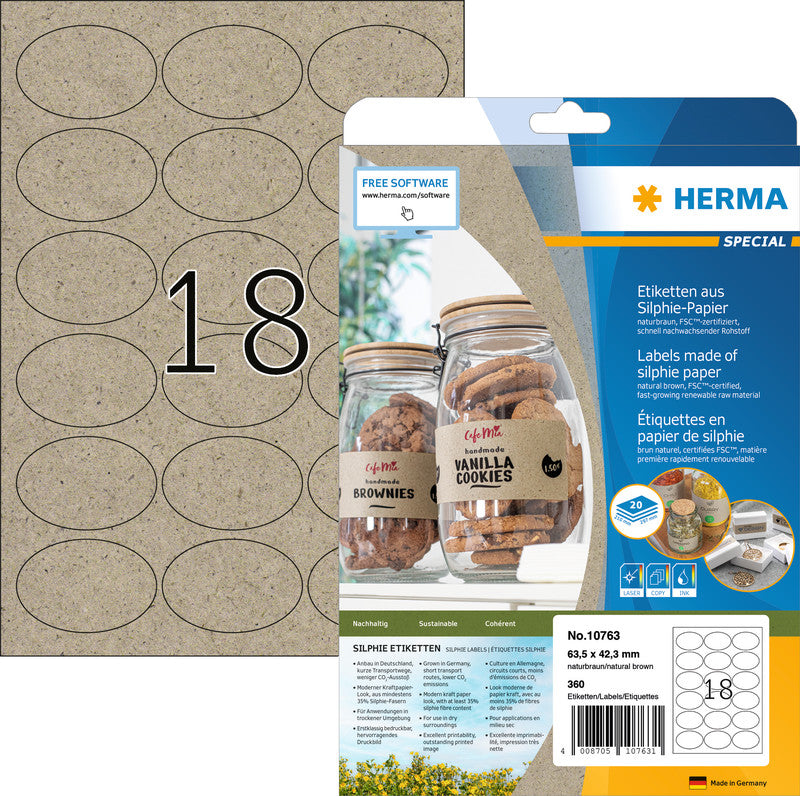 HERMA Drucketiketten, 64 mm × 42 mm, braun, Papier, permanent, 20 Blätter (360 Etiketten)