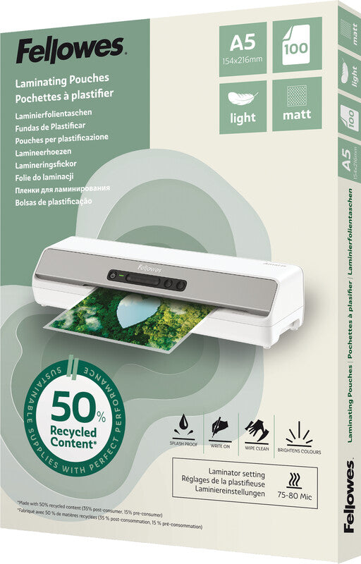 Fellowes Laminierfolien A5 – 80 µm, matt, 100 Stück