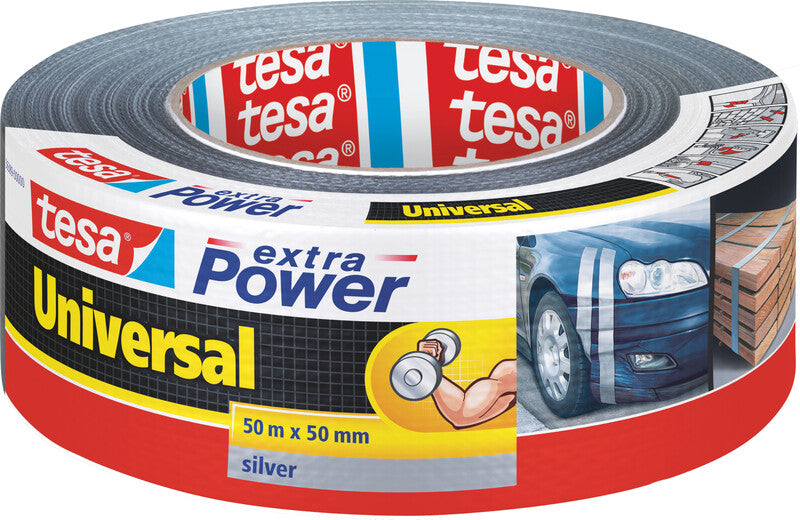 tesa Gewebeband Extra Power Universal – 50 mm × 50 m, silber, extra stark, recycelt