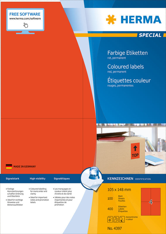 HERMA Druckeretiketten, 105 mm × 148 mm, rot, Papier, permanent, 400 Etiketten (100 Blatt)