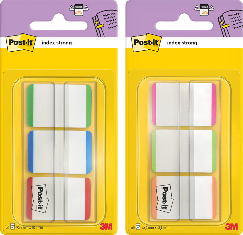 Post-it Indexstreifen Strong – 25,4×38 mm – sortiert (pink, grün, orange), 3×22 Stück, mit Dispenser
