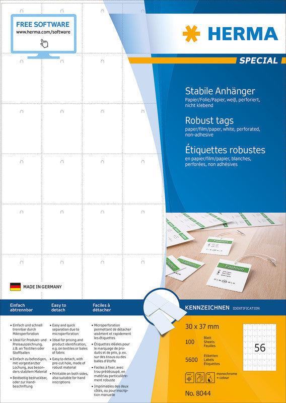 HERMA Anhänger (mit Loch) – 30 × 37 mm – Papier/Folie/Papier, weiss – perforiert – 5'600 Stück (100 Blatt)