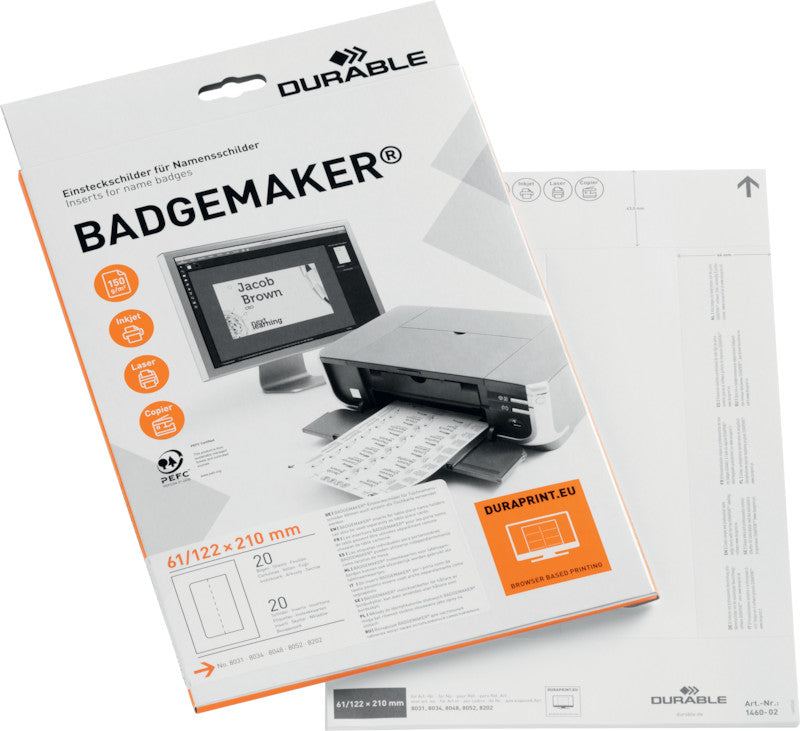 Durable Schuletiketten – für Namensschilder 8031, 8034, 8048 und mehr – 210×61 mm, 20 Stk, 20 Bogen, Papier