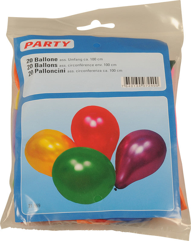 Party Ballone aus Kautschuk, farbig sortiert, Umfang 1000 mm, 20 Stück