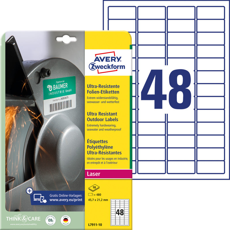 Avery Drucketiketten, 46 mm × 21 mm, weiss, Folie, extra stark, für Kopierer und Laserdrucker