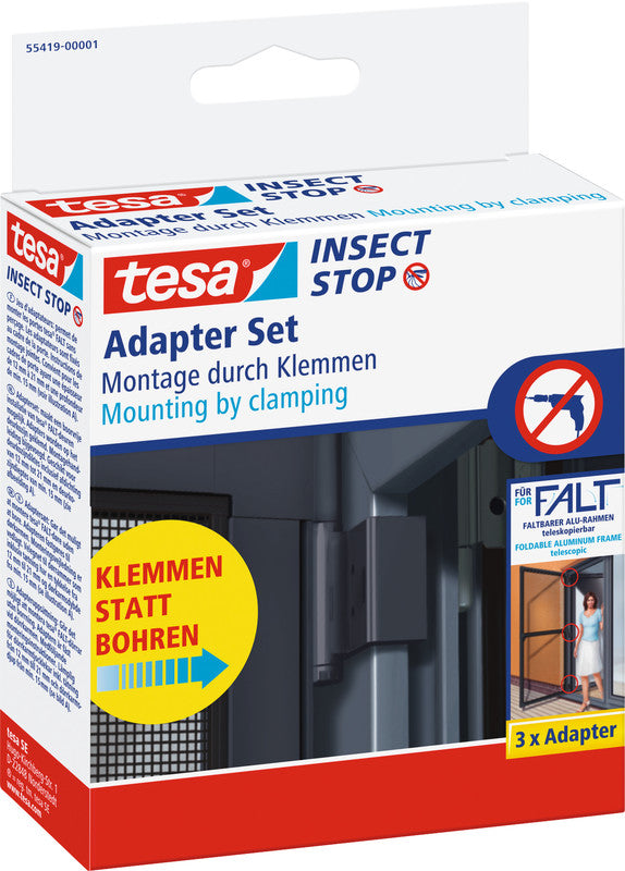 tesa Klemmadapter-Set – für Fliegengitter, faltbar, Türen – 3er-Set – Anthrazit