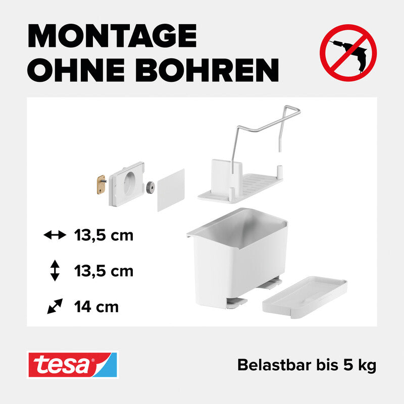 TESA Spülbecken-Organizer – mit TESA Power.Kit-Befestigung, wieder ablösbar, belastbar bis 5 kg – ABS – Weiss