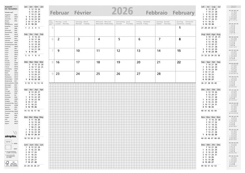 Simplex Schreibunterlage – 1 Monat pro Blatt – viersprachig D/F/I/GB – 2026 – 59,4 × 42 cm – 12 Blatt