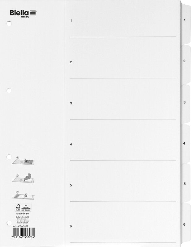 Biella Register – A4, 6-teilig, Karton, weiss, vorgedruckt, SmartIndex, verstärkte Tabs
