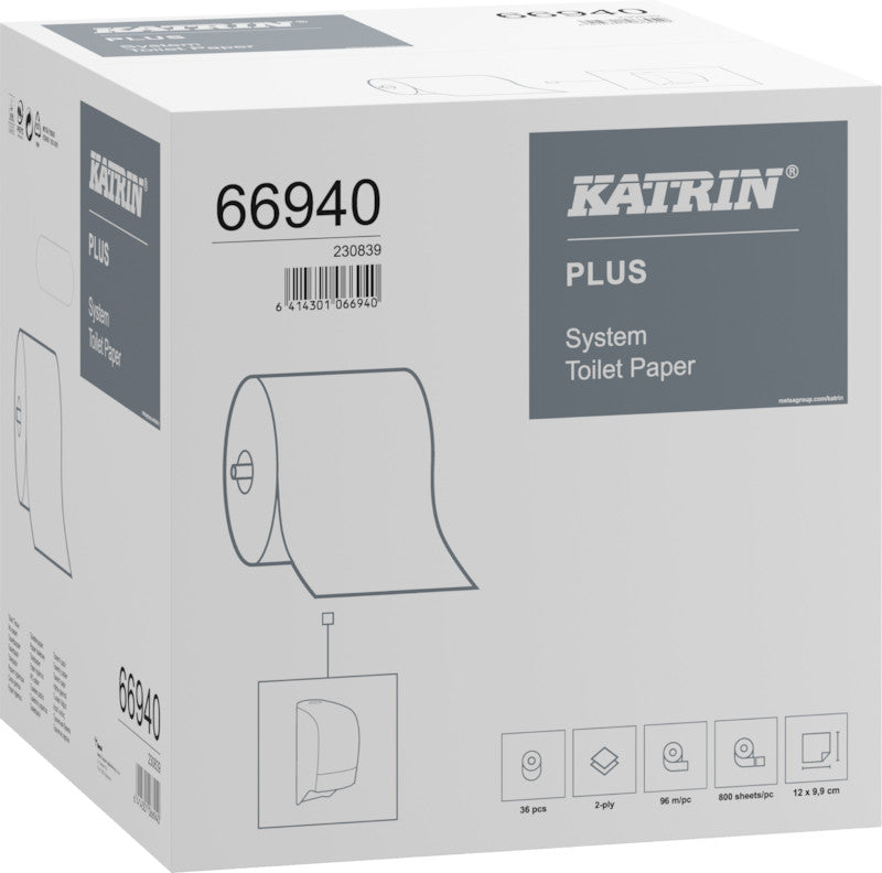 Katrin Toilettenpapier Plus System 800 – 2-lagig, 100 × 125 mm, 800 Coupons pro Rolle