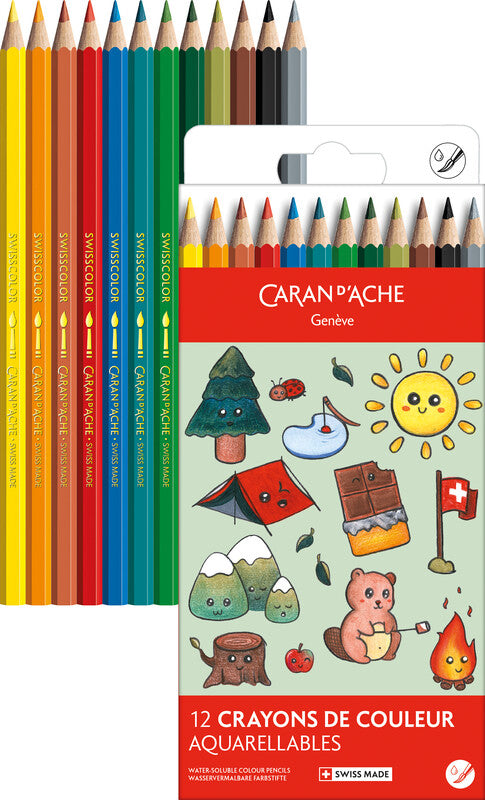 Caran d-Ache Caran d'Ache Aquarellfarbstifte Swisscolor – Aquarell, Ø 2,8 mm, 12 Farben, in Kartonetui