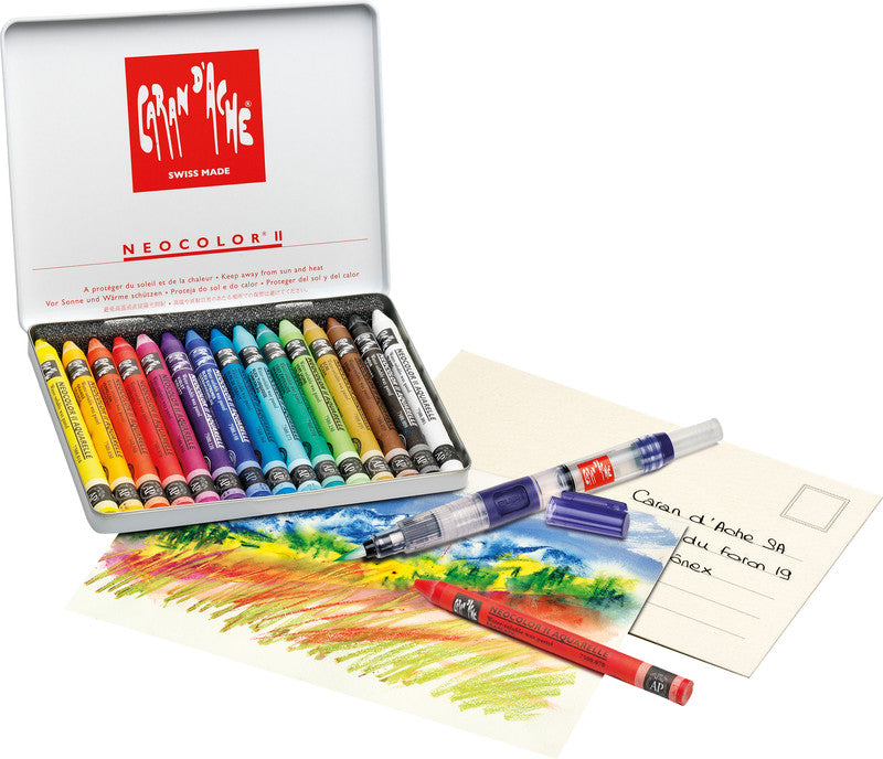 Caran d-Ache Caran d'Ache Neocolor II Aquarellfarbstifte-Set – 15 Farben, Mine Ø 8,6 mm, Metallschachtel