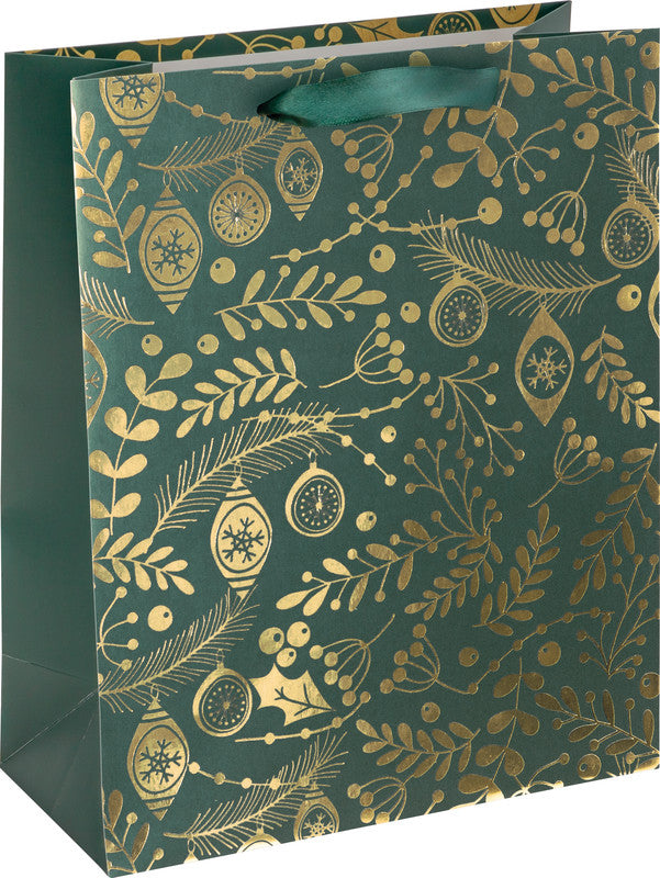Sigel Tragetasche – Goldene Ornamente auf grünem Grund – Kraftpapier, FSC – 260 × 320 × 100 mm