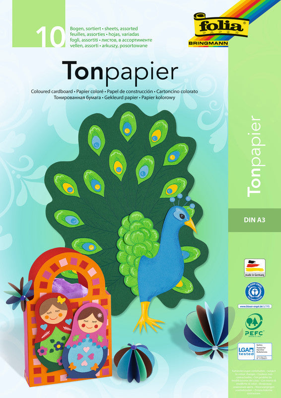 Folia Zeichenpapier A3, 130 g/m², 10 Blatt, mehrfarbig, strukturiert, geleimt, säurefrei, PEFC