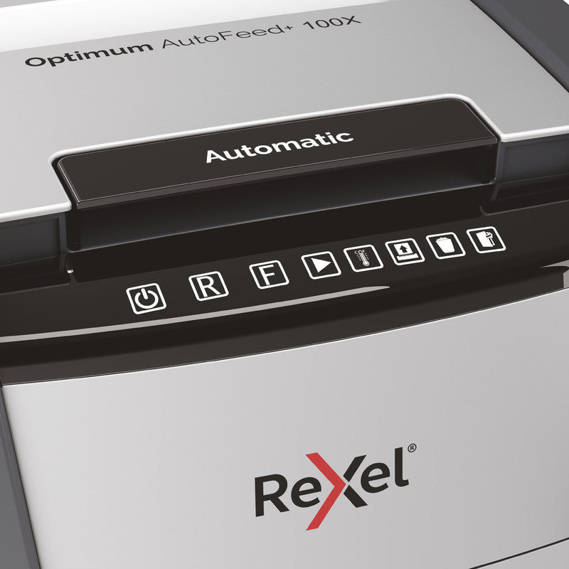 Rexel Optimum AutoFeed+ 100X – Aktenvernichter mit Autofeed 100 Blatt, DIN P-4, Partikelschnitt 4 × 28 mm, 34