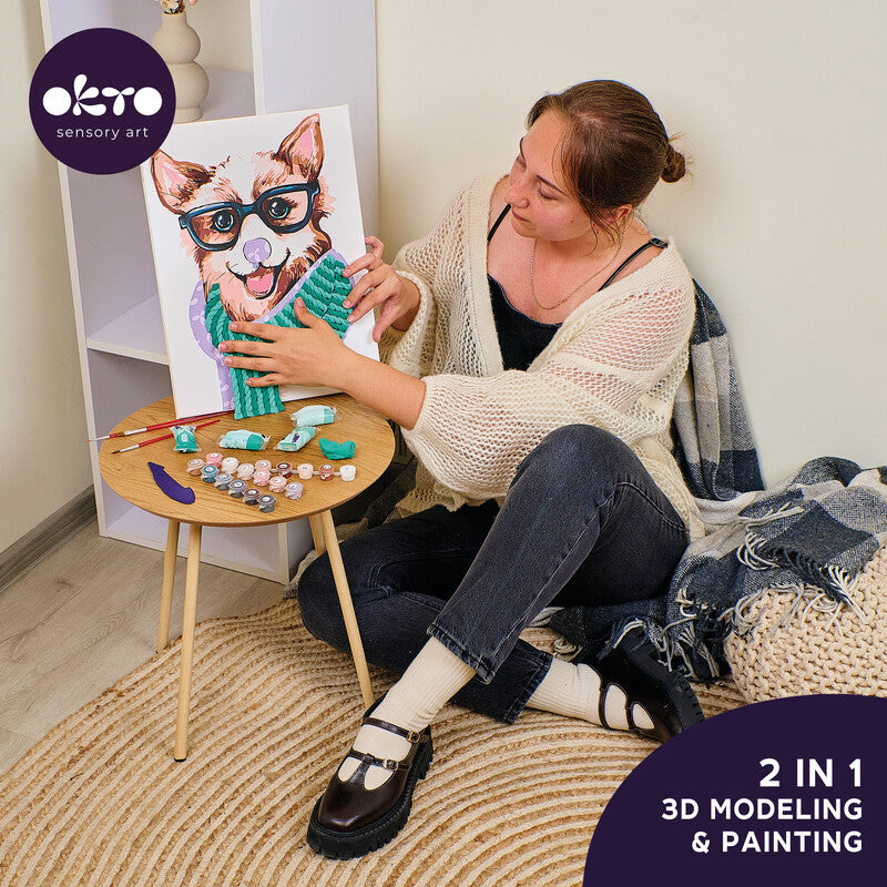 Okto Sensory Art – Modellier- und Malset Air Clay 3D Stylischer Corgi – ab 14 Jahren – 2 Pinsel – 400 × 300 mm