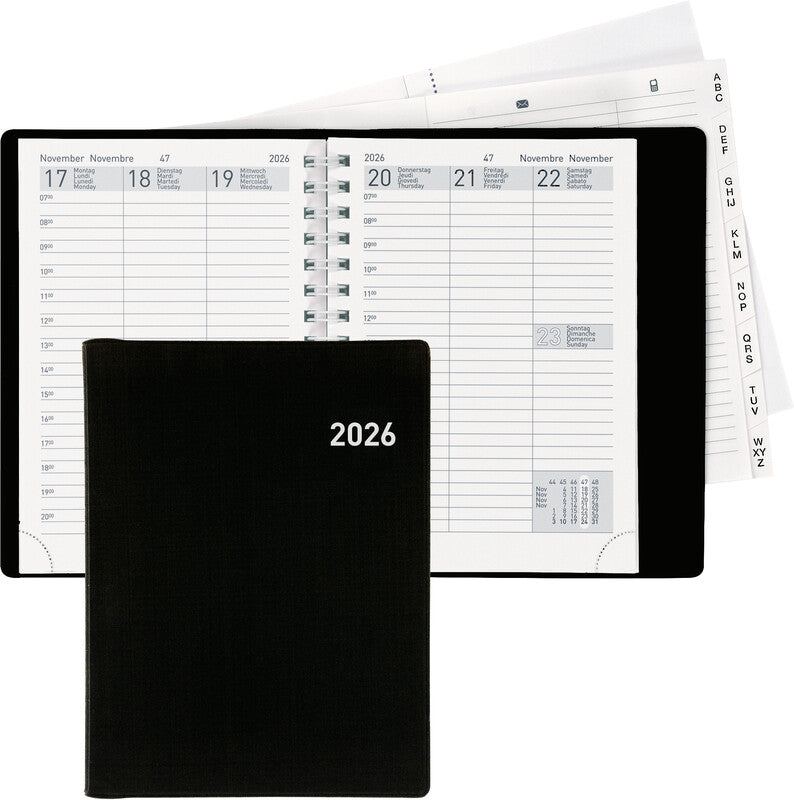 Biella Rex Agenda – 1 Woche/2 Seiten, Spiralbindung, 10,1 × 14,2 cm, 2026, mehrsprachig, schwarz, FSC