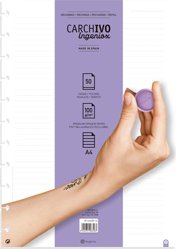 Carchivo Notizbuch-Einlagen A4, liniert, spezielle Perforierung, 100 g/m², für Spiralbuch Ingeniox – 50 Blatt