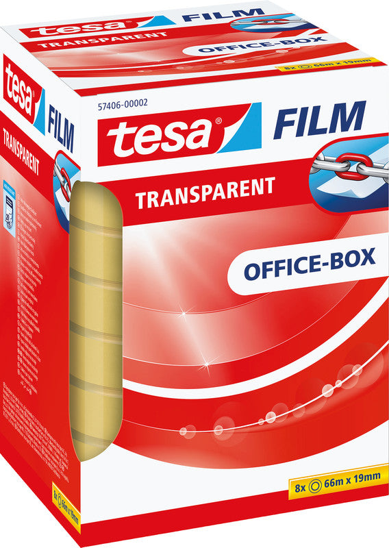 TESA Büro-Klebeband – permanent, klar, Kunststoff, 19 mm × 66 m, Kern Ø 76 mm