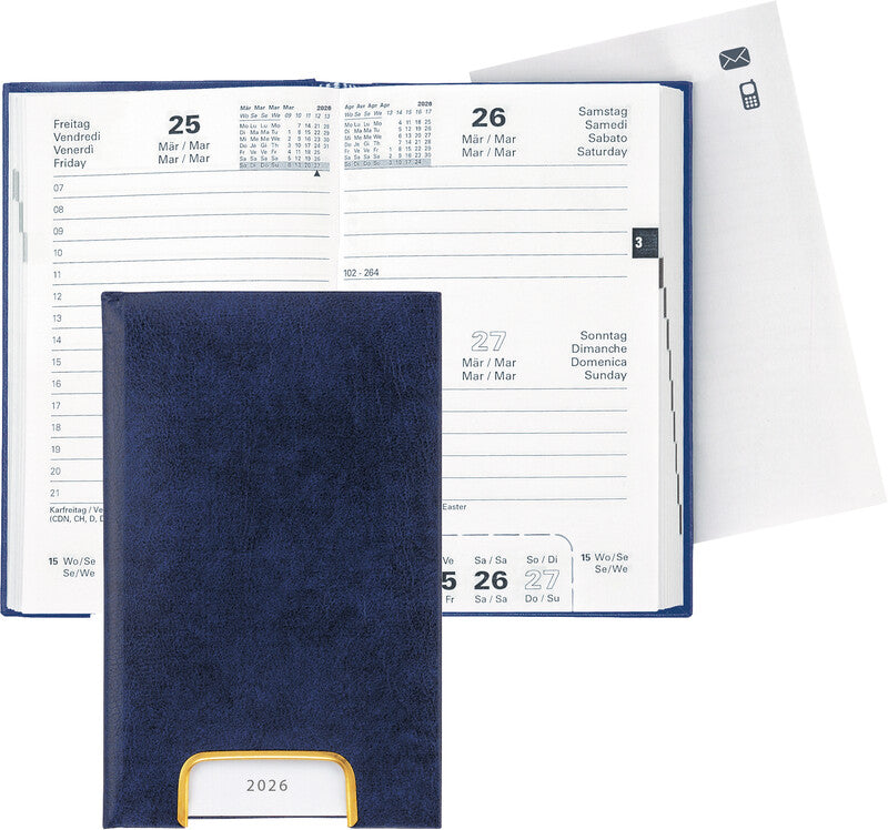 Biella Disponent Agenda – 1 Tag/Seite, gebunden, 10,1 × 16,0 cm, 2026, 1‑h‑Takt, dunkelblau, FSC