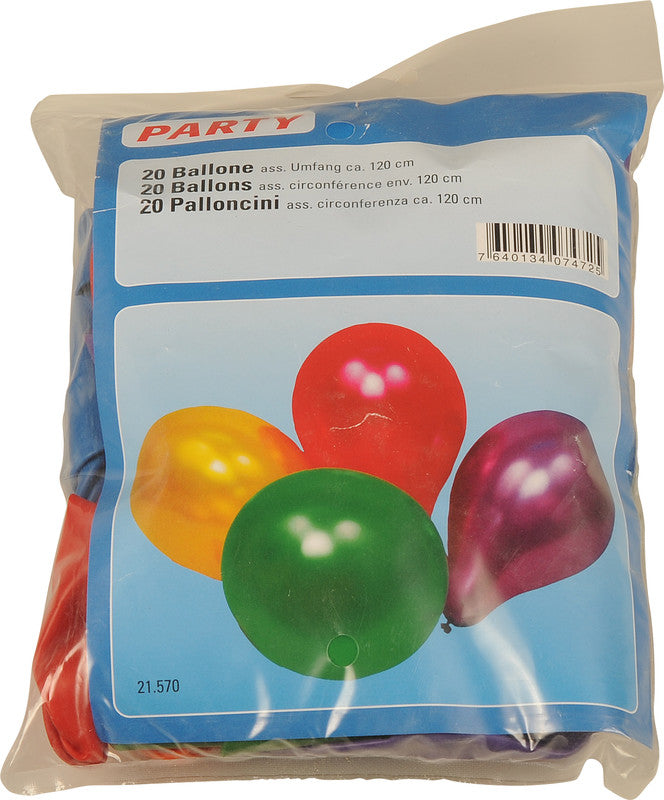 Party Ballons aus Kautschuk, farbig sortiert, Umfang 1200 mm, 20 Stück