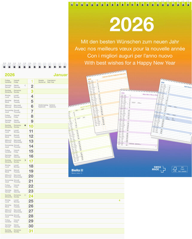 Biella Wandkalender – viersprachig D/F/I/GB – 2026 – Spiralbindung – 21 × 29,7 cm