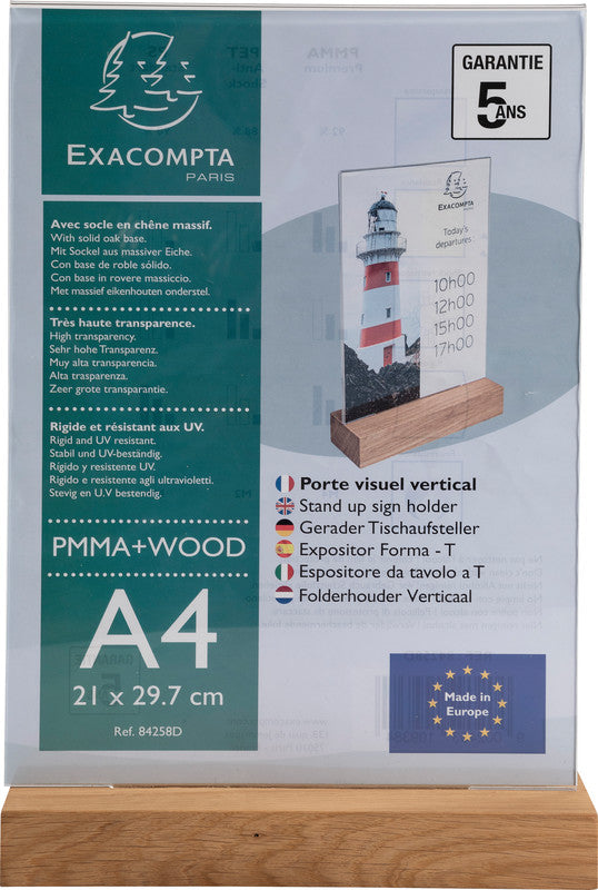 Exacompta Tischaufsteller 84258D – für A4 – 1 Fach – hoch – mit Eichenholzsockel – transparent – Eiche