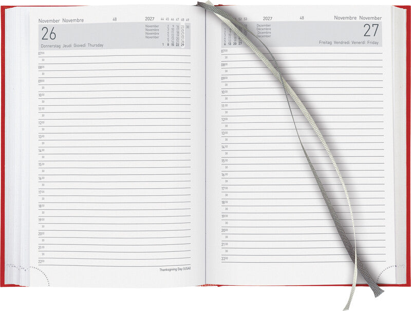 Biella Executive Agenda – 1 Tag pro Seite, gebunden, 14,5 × 20,5 cm, 2027, 1/2-Stunden-Takt, Rot, FSC