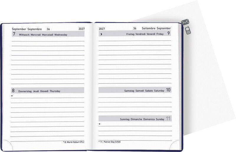 Biella Tell Agenda – 2 Tage pro Seite, gebunden, 8,5 × 12,5 cm, 2027, mehrsprachig, dunkelblau, FSC