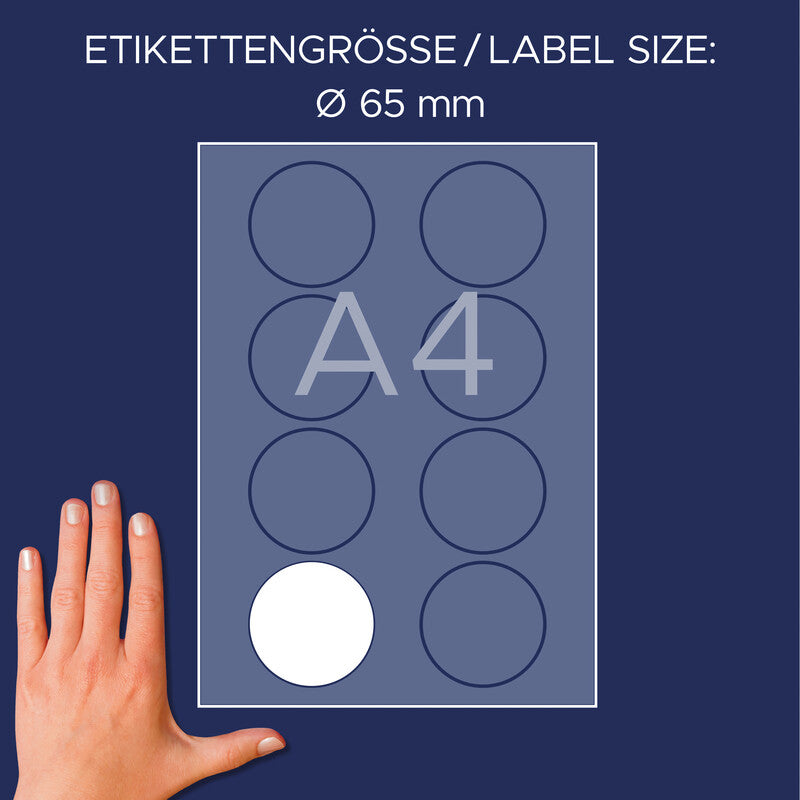 Avery Textiletiketten, Ø 65 mm, weiss, Textil, selbstklebend, wiederablösbar, 160 Etiketten (20 Blatt)