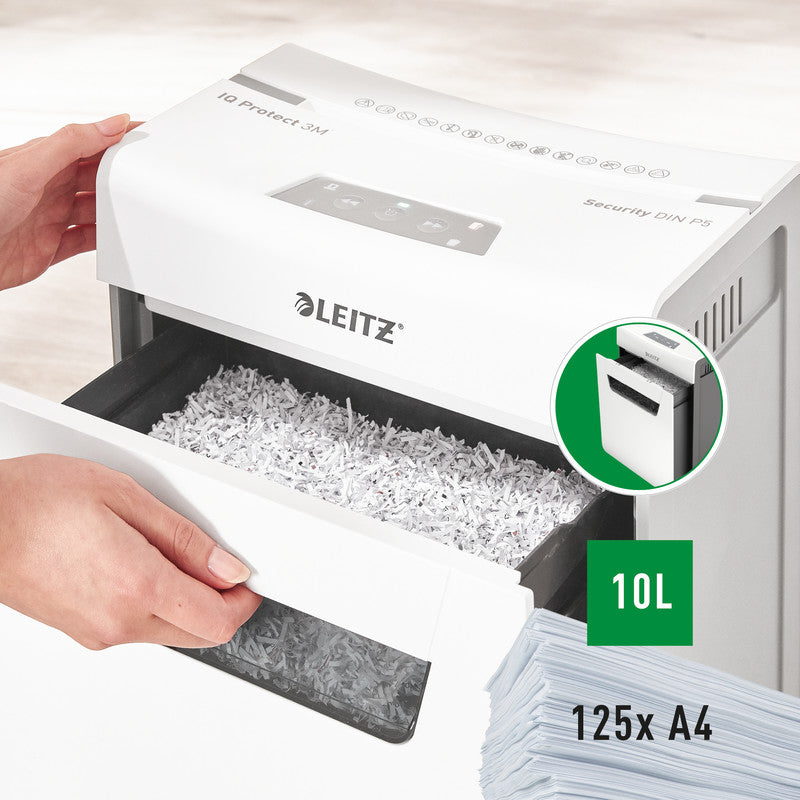 Leitz IQ 3M Protect Premium – Aktenvernichter, DIN P-5, Mikroschnitt 2 × 15 mm, 3 Blatt, 10 l, A4