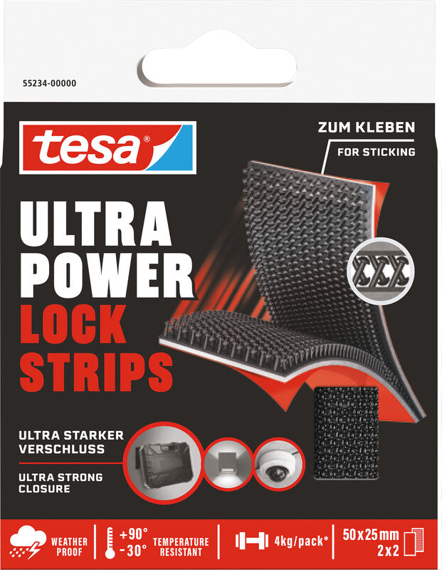 tesa Klettstreifen Ultra Power Lock Strips – 25 mm × 0,05 m, schwarz, extra stark