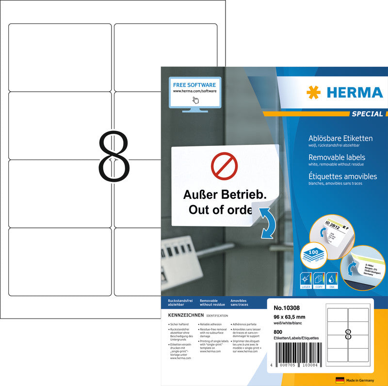 HERMA Bogenetiketten, 96 mm × 63,5 mm, weiss, Papier, ablösbar, 100 Blatt (800 Etiketten)