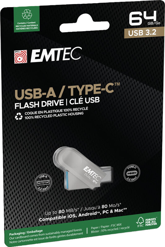 Emtec D280 USB-Stick – 64 GB, USB 3.2, Dual-Stecker USB-A/USB-C