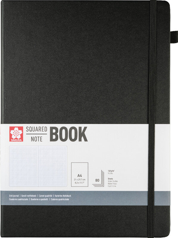 Sakura Notizbuch – A4 – kariert 5 mm – 160 Seiten – 140 g/m² – gebunden, Gummiband, Stiftschlaufe – schwarz