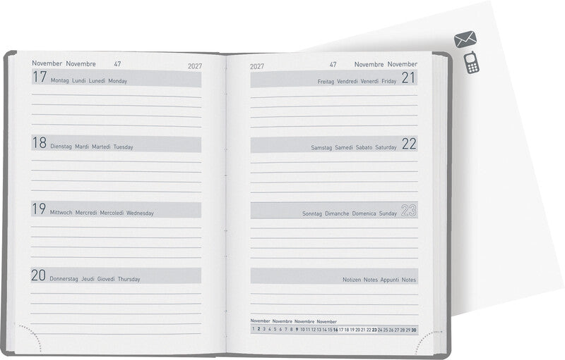 Biella Memento Trend Agenda – 1 Woche/2 Seiten, gebunden, 10,1 × 14,2 cm, Jan–Dez 2027, Blaues Blumenmuster, FSC