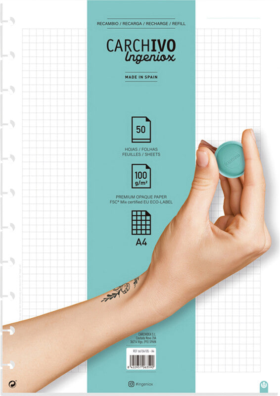 Carchivo Notizbuch-Einlagen A4, kariert, spezielle Perforierung, 100 g/m², für Spiralbuch Ingeniox – 50 Blatt