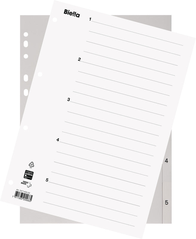 Biella Register – A4, 5-teilig, Kunststoff, grau, vorgedruckt, mit Indexblatt, 11-fach Lochung