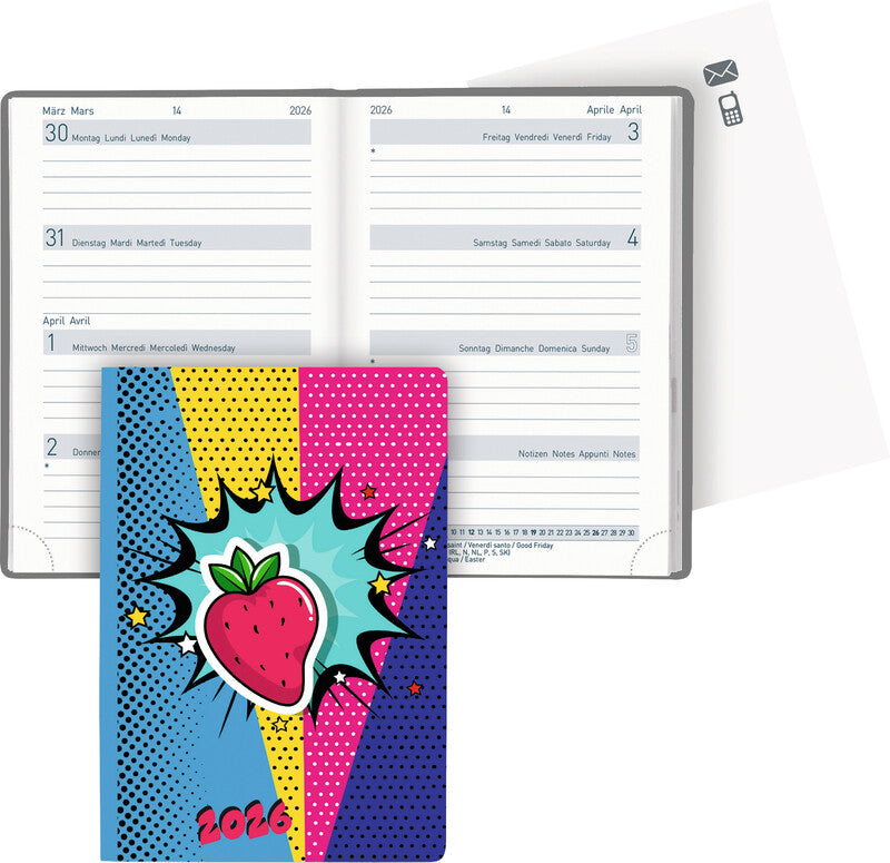 Biella Agenda – 1 Woche/2 Seiten, gebunden, 7,6 × 11,0 cm, 2026, Strawberry, FSC