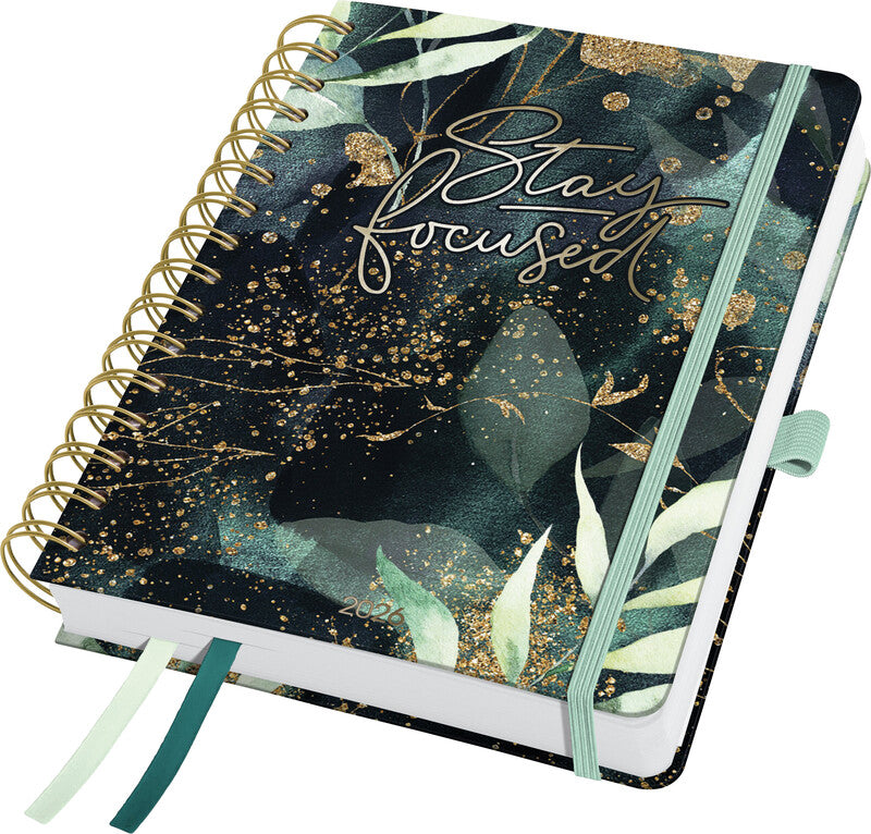 Sigel JOLIE Agenda – 1 Woche/2 Seiten, Spiralbindung, A5, Jan–Dez, Glamorous Leaves, FSC