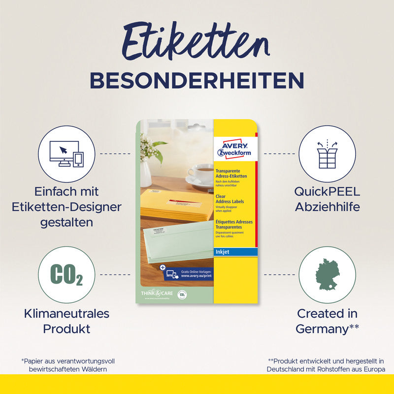 Avery Inkjet-Etiketten, 99 mm × 38 mm, transparent, Folie, permanent, 25 Blatt (350 Etiketten)