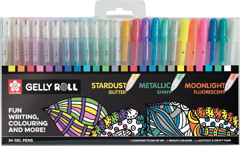 Sakura Gelschreiber 24er Set – 24 Farben, 0,5 mm, lichtbeständig, schnelltrocknend, für dunkles Papier, Kappe