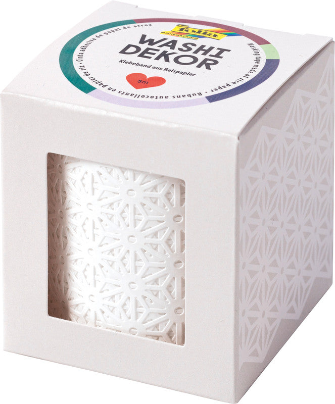 Folia Washi Tape Spitzenbordüre – wiederablösbar, beschriftbar, Papier, 50 mm × 5 m, weiss, Blüten