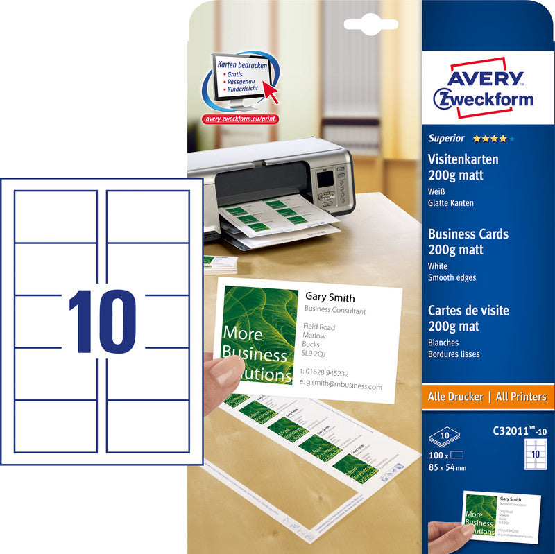 Avery Visitenkarten, 85 × 54 mm – für Laser/Inkjet/Kopierer – A4, 10 pro Blatt – 100 Karten – FSC-zertifiziert